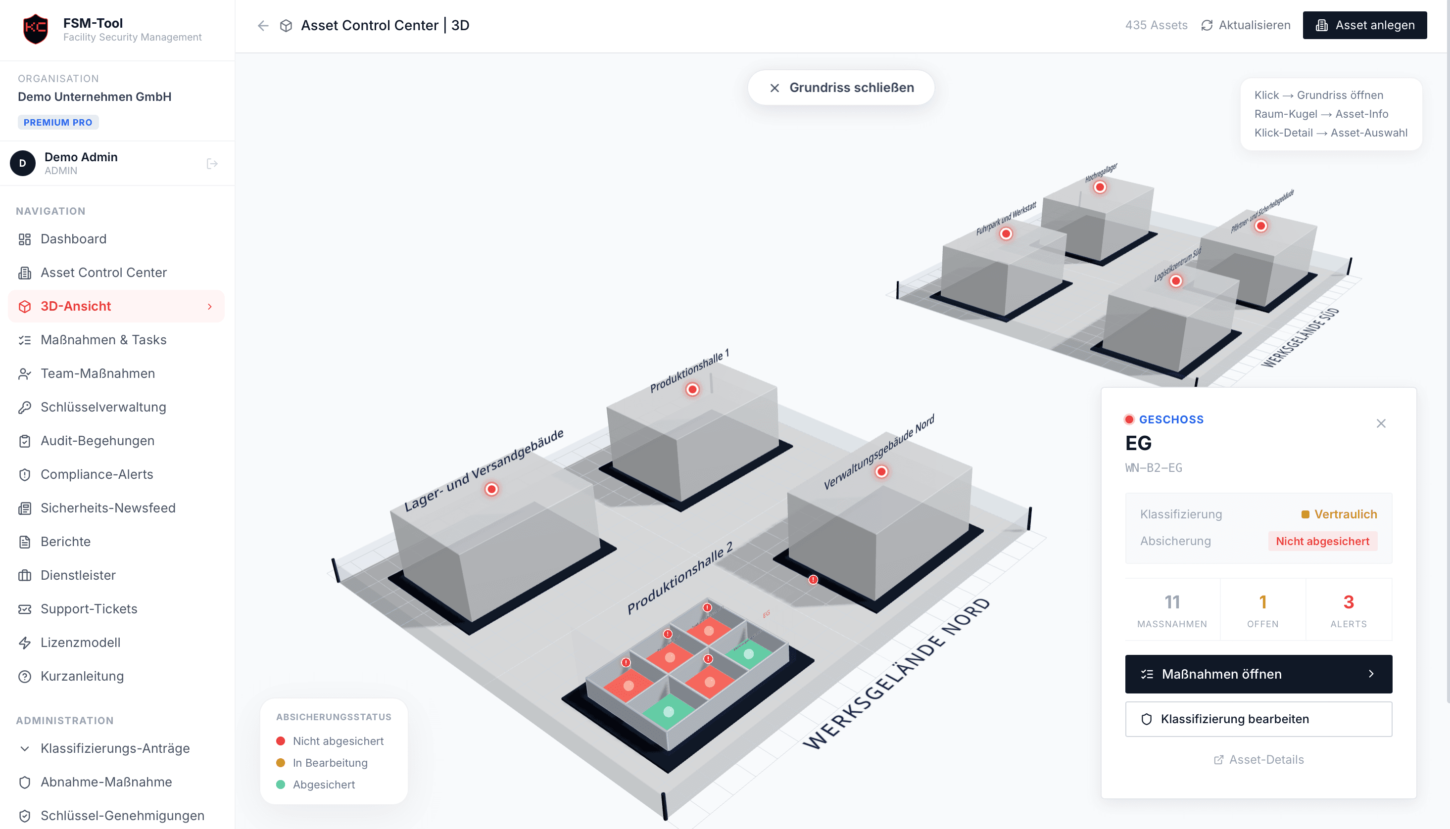 FSM-Tool: 3D-Ansicht mit Asset-Info-Panel im echten Produkt